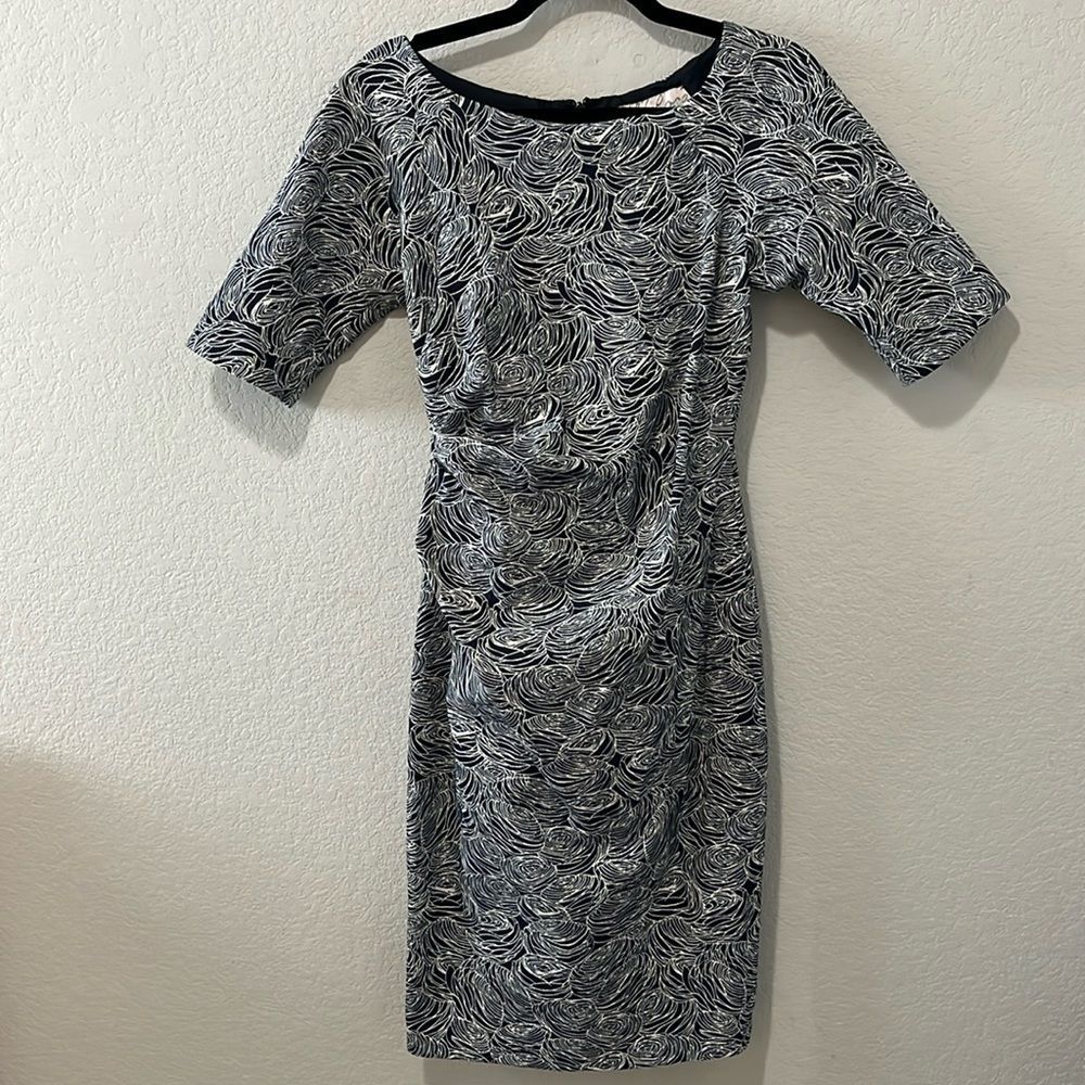 LELA ROSE Women's Navy Floral Rose Print Drape Crew Neck Pencil Dress, Size 8